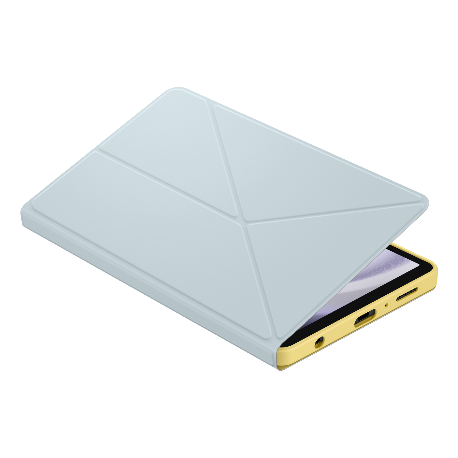 A light blue tablet case partially open, revealing a yellow tablet. The case is on a black background.