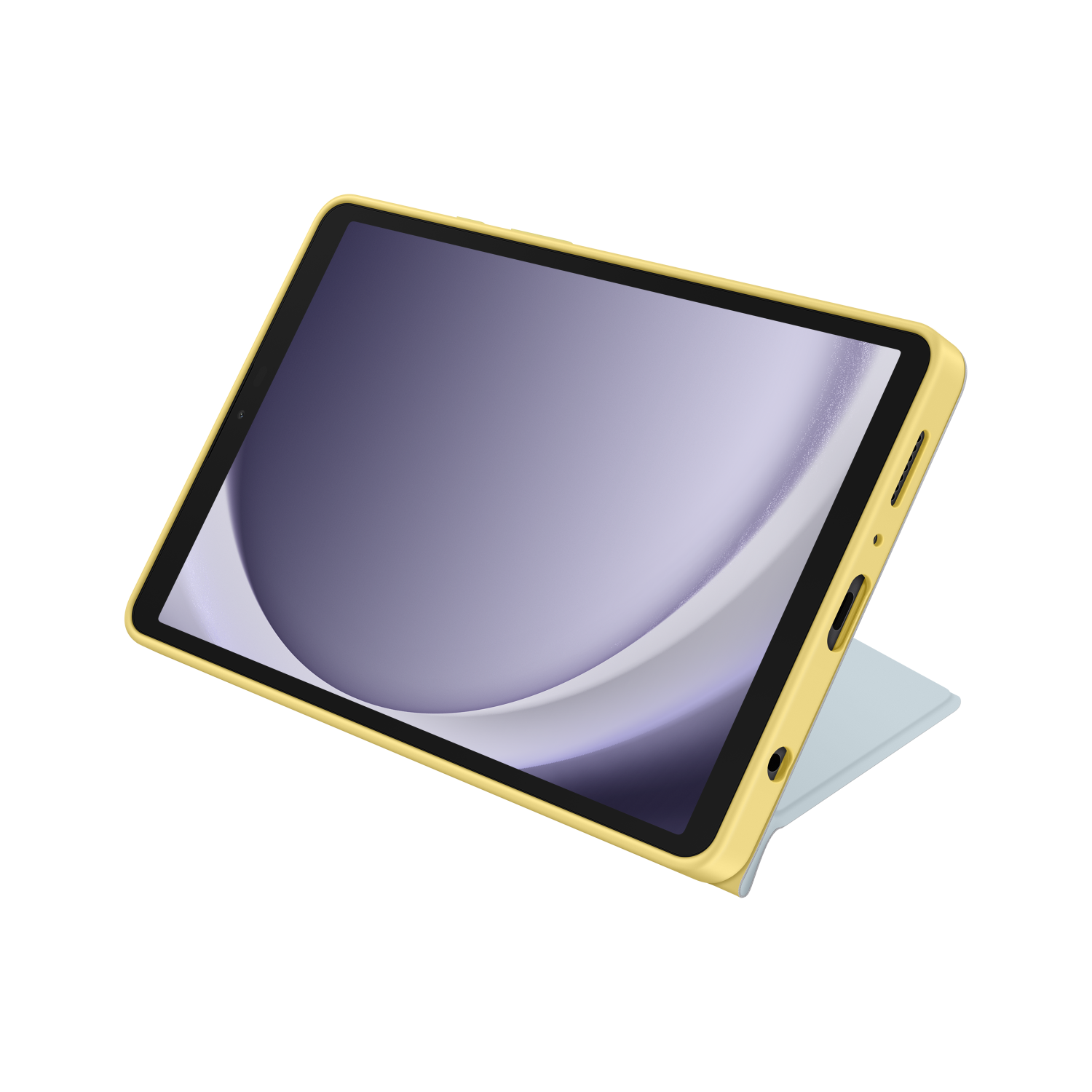 A yellow tablet in a yellow case, slightly angled, set against a black background.