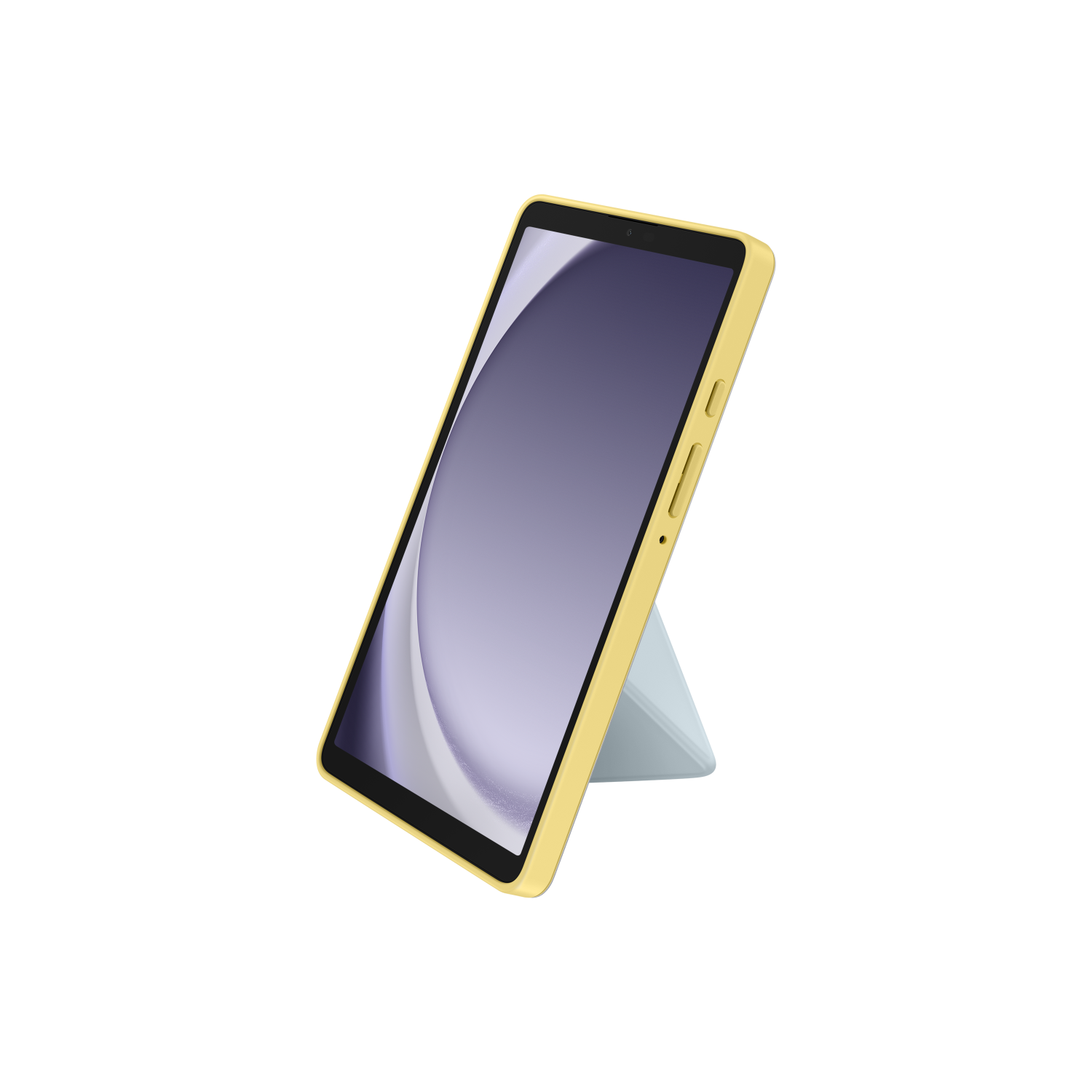 Yellow tablet in a yellow case with a light blue stand.