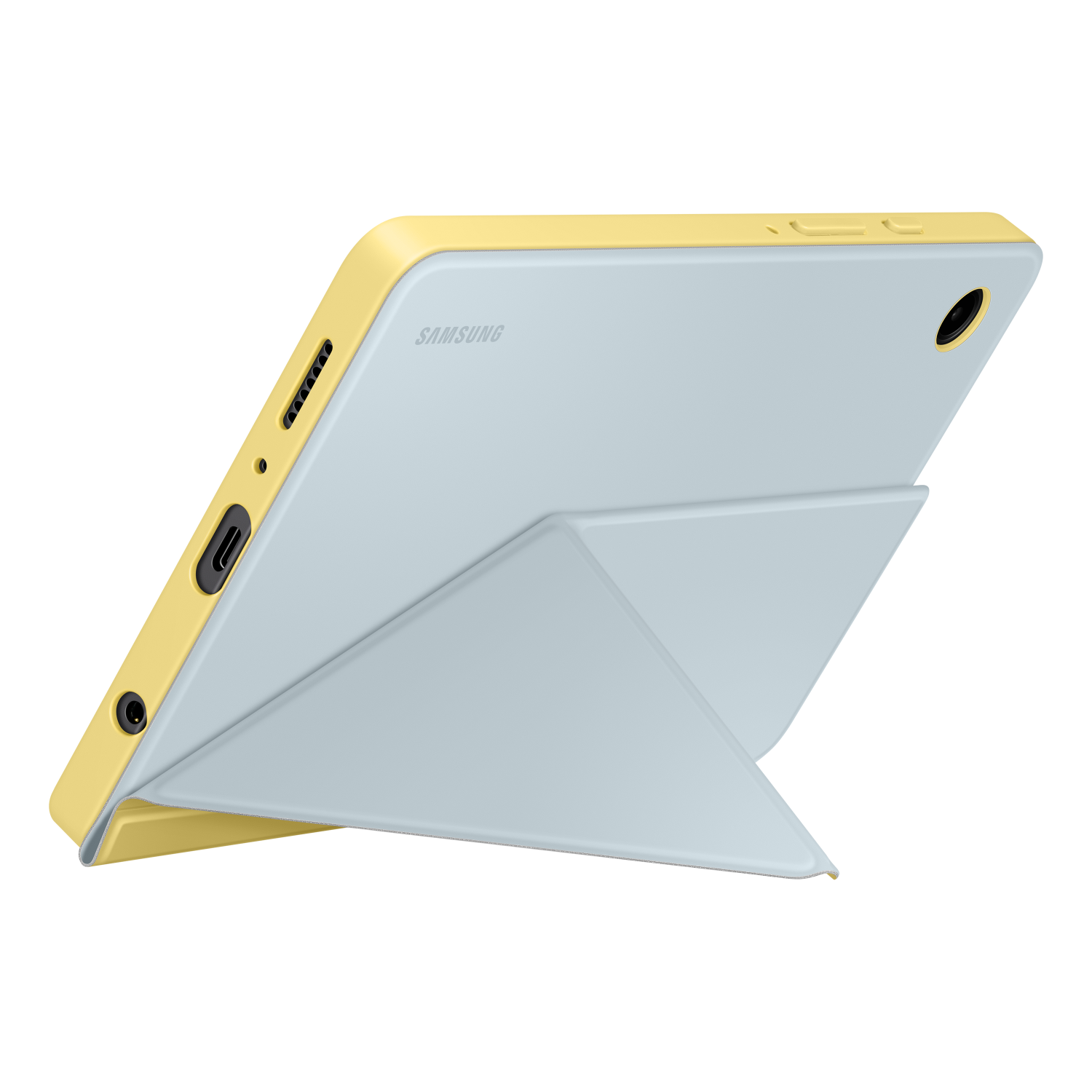 Light blue tablet with yellow frame, a kickstand supporting the device from a side angle.