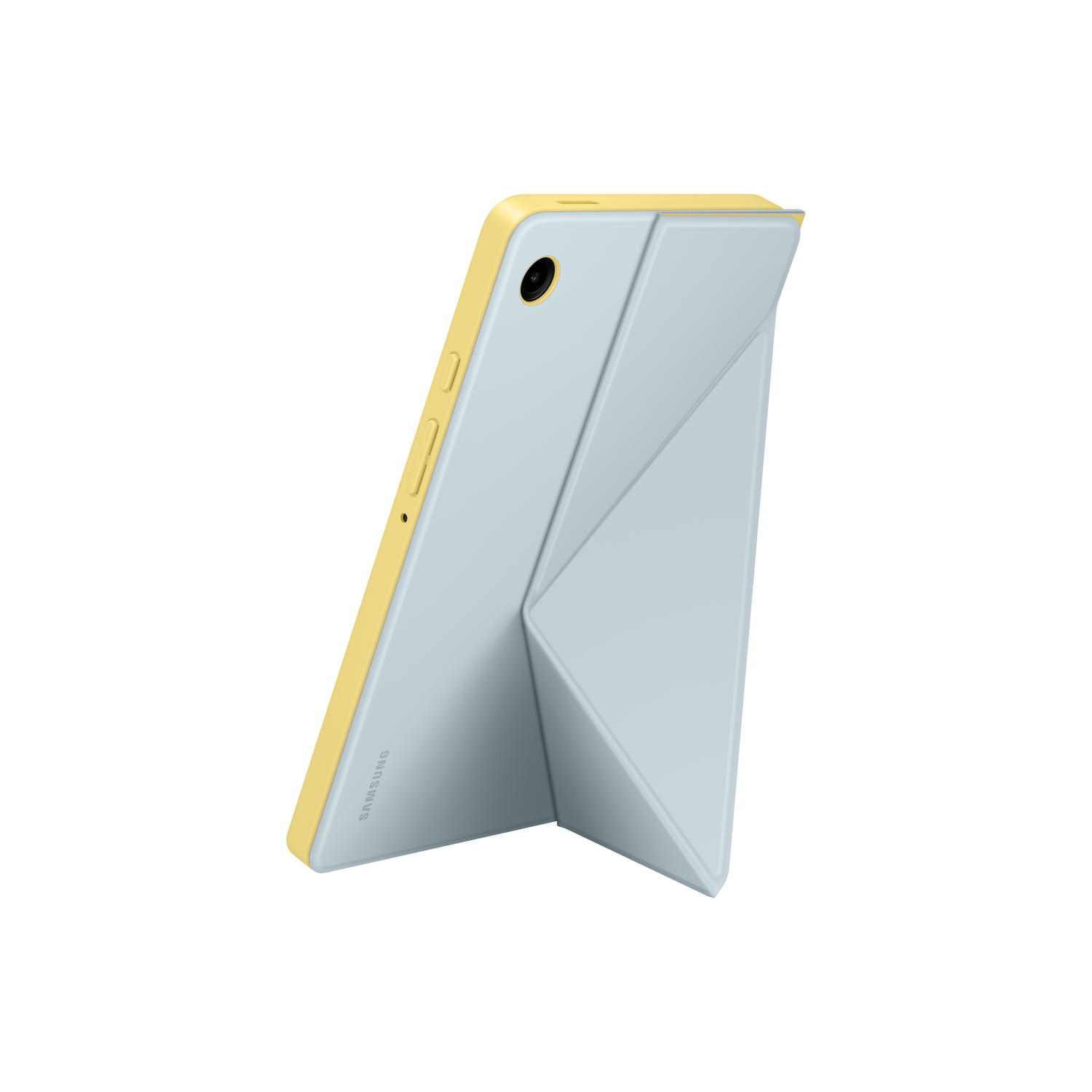 A light blue tablet with a yellow frame and a cover in a stand position.