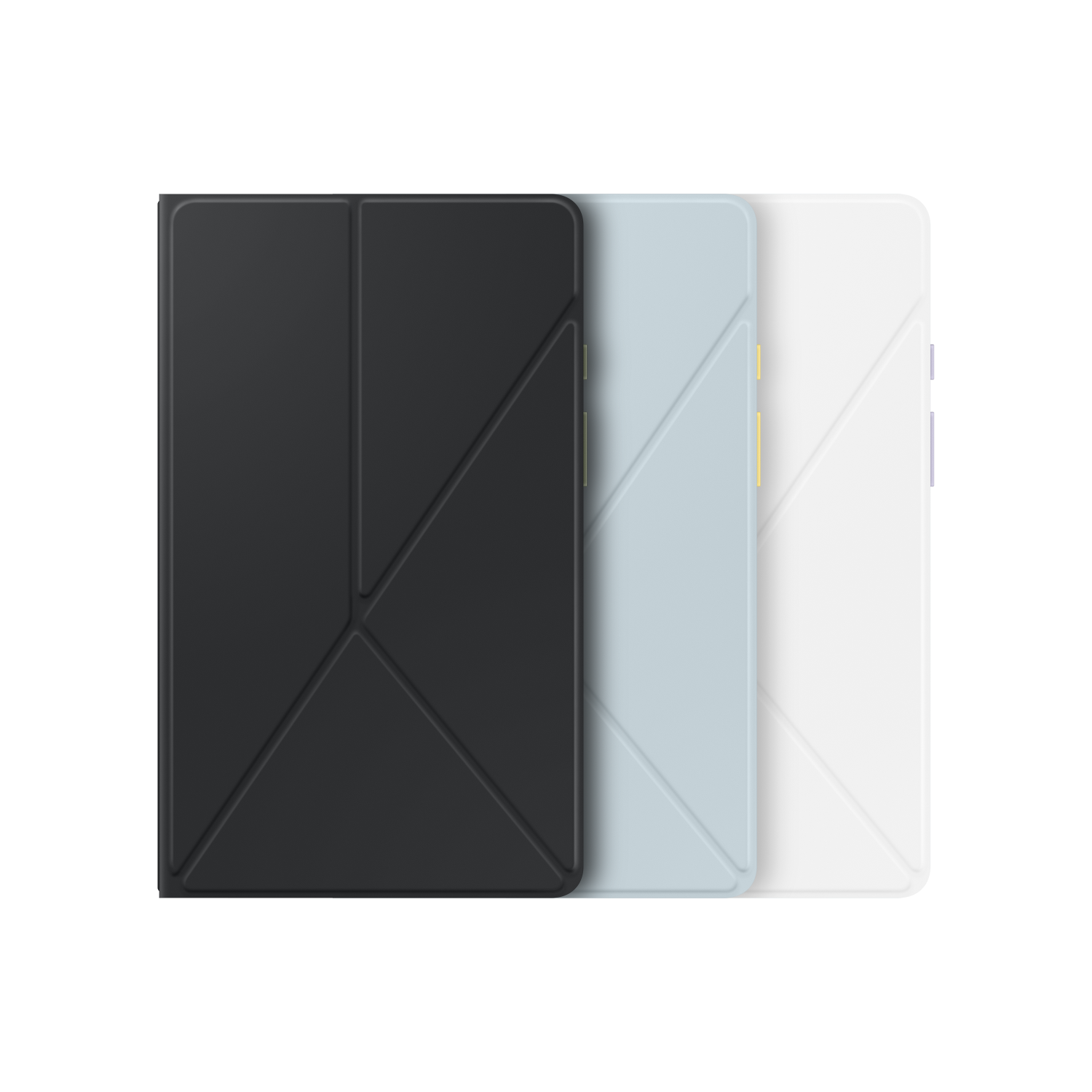 Three folded tablet covers, black, blue, and white, arranged in a row against a black background.