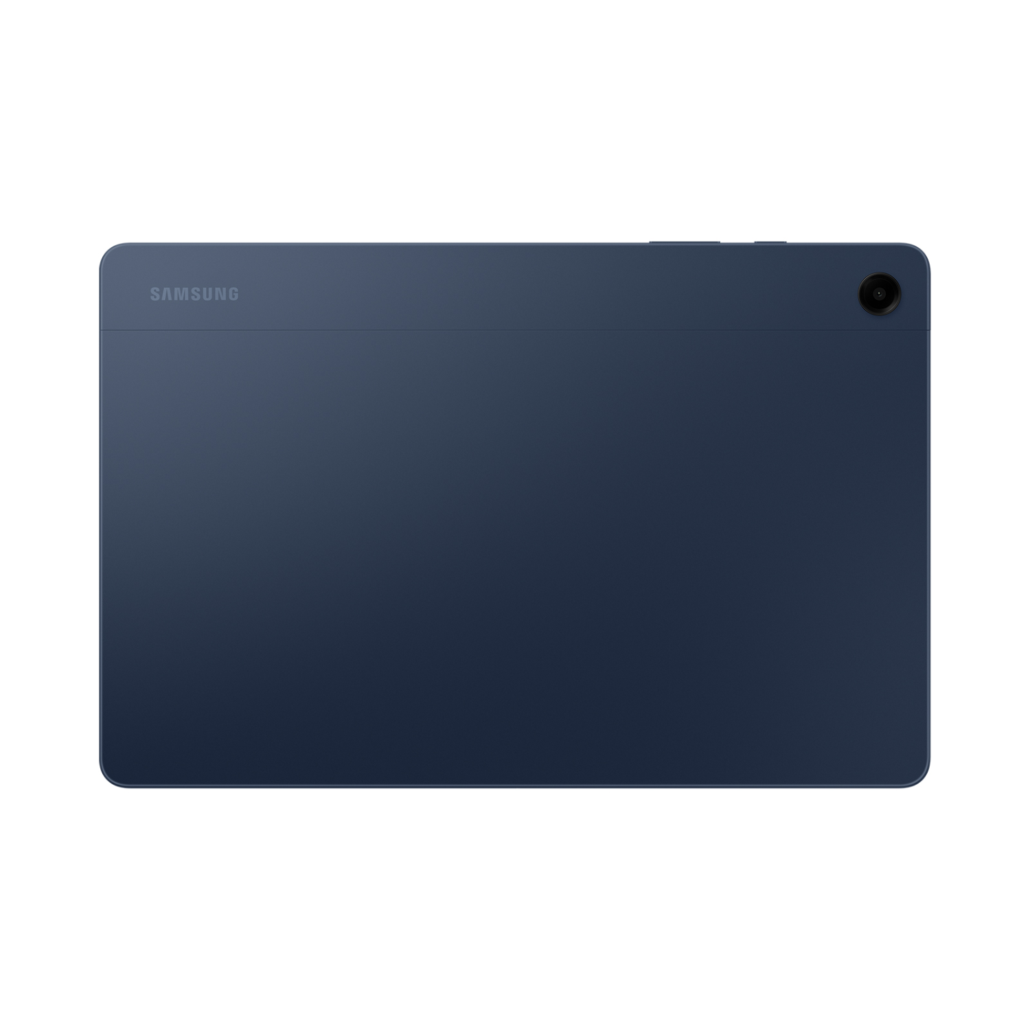 Blauwe Samsung tablet achterkant met cameralens en knop.