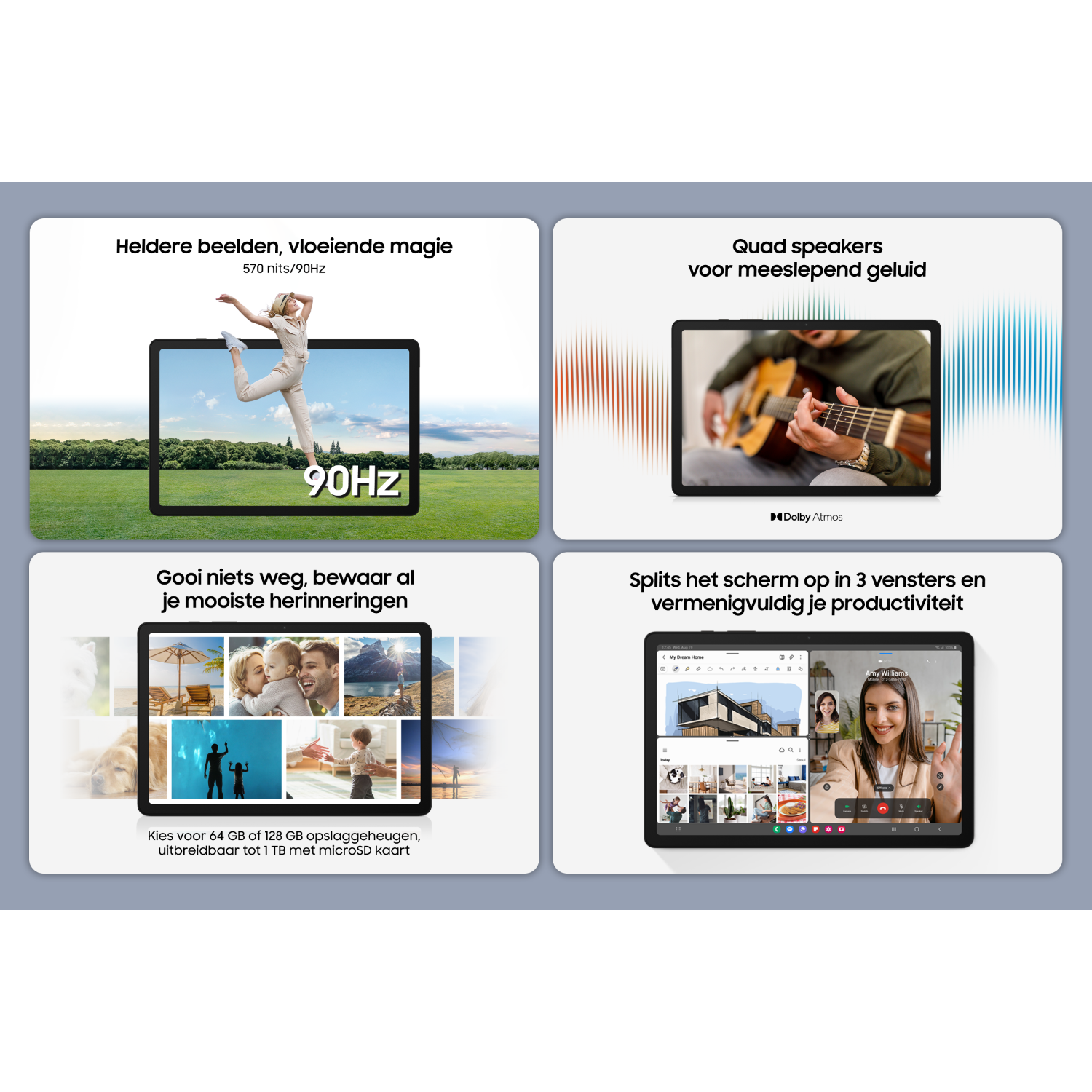 Vier afbeeldingen met functies van een tablet: 90Hz-scherm, vier luidsprekers, herinneringen en multi-window.