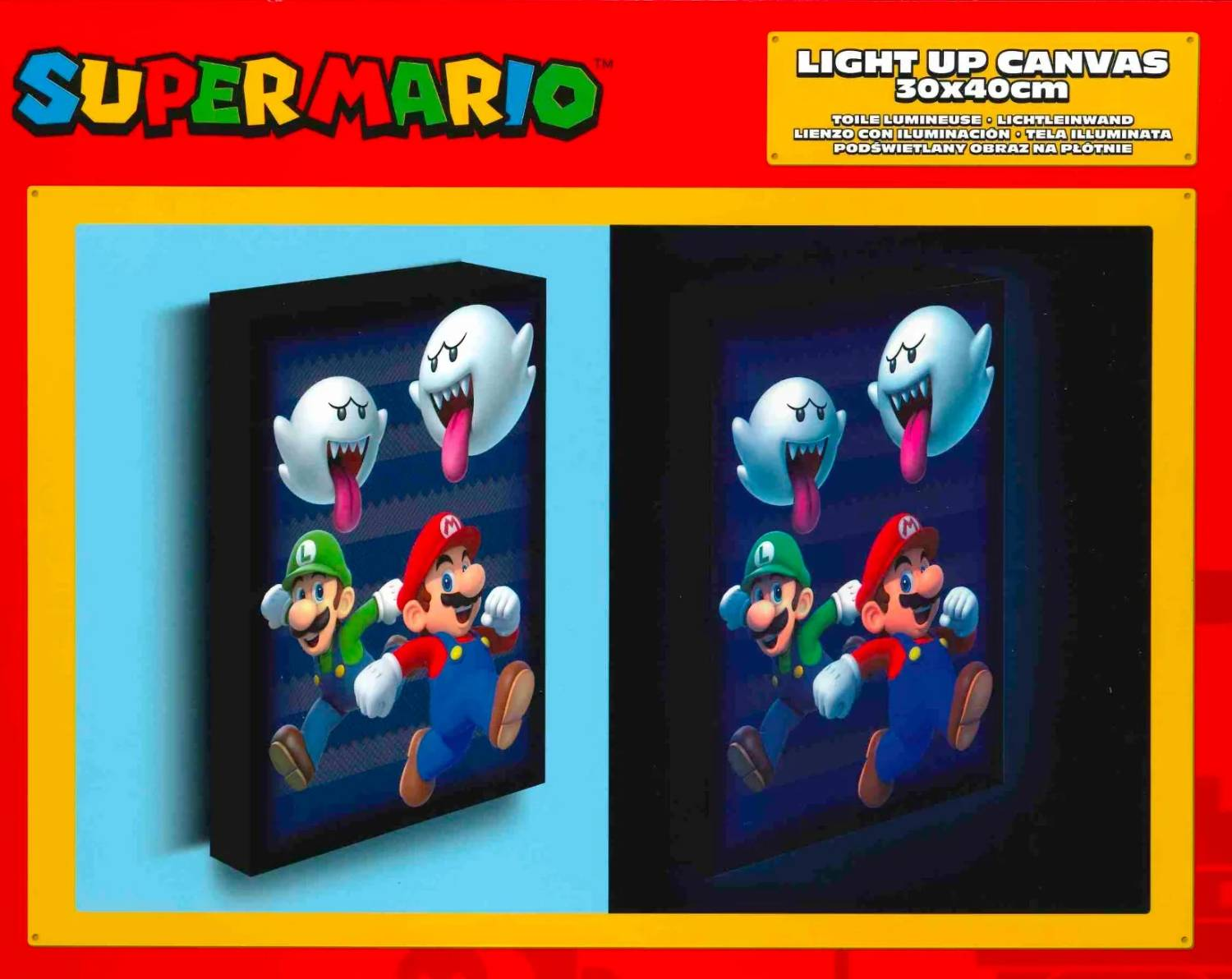 Un lienzo iluminado de Super Mario con Mario, Luigi y Boos. El fondo es negro y rojo.