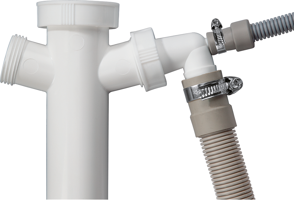 White plastic plumbing connectors and gray corrugated hoses with hose clamps.