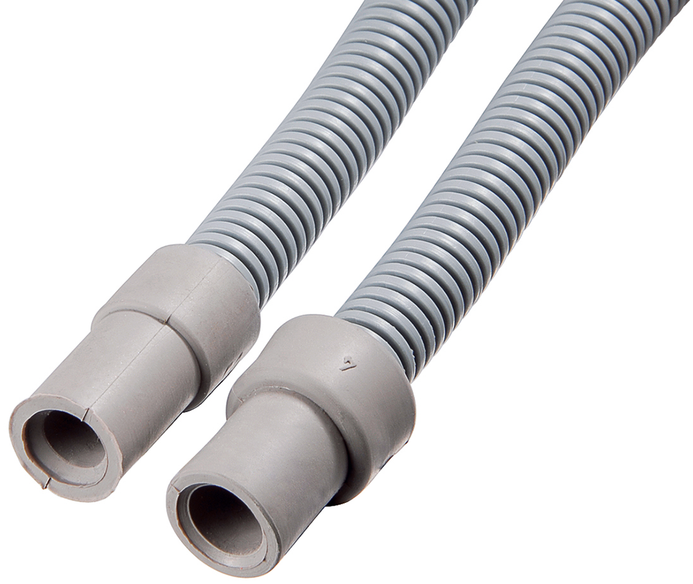 Two grey corrugated hoses with gray connectors, against a white background.