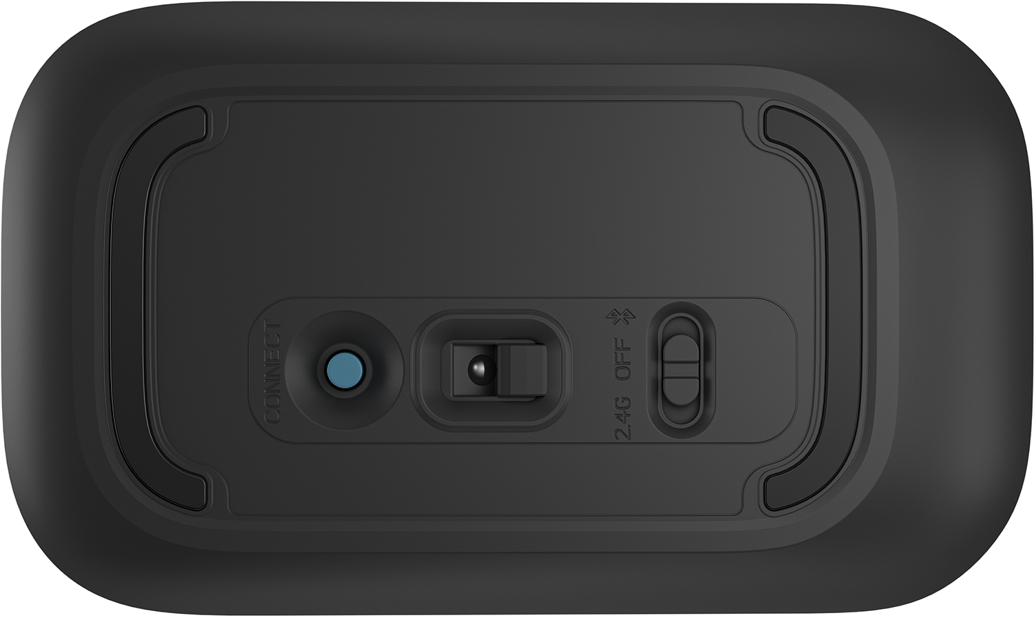 Black mouse with buttons and a switch, the bottom view.