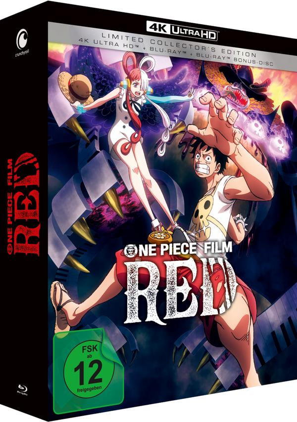 Anime-Filmcover: 'One Piece Film Red'. Enthält Charaktere, darunter Uta und Luffy. Schwarzer Hintergrund.