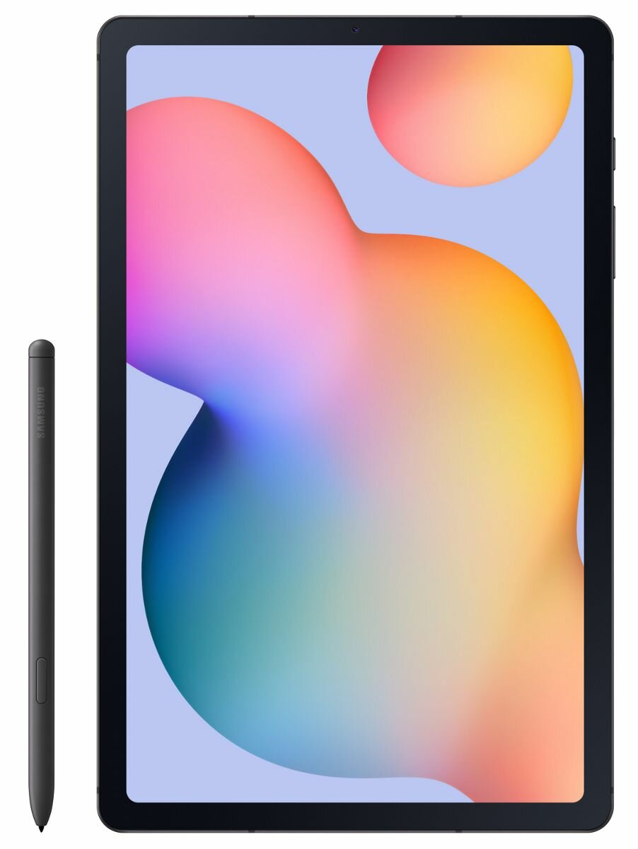 Czarny tablet z rysikiem i ekranem z kolorowymi abstrakcyjnymi kształtami.