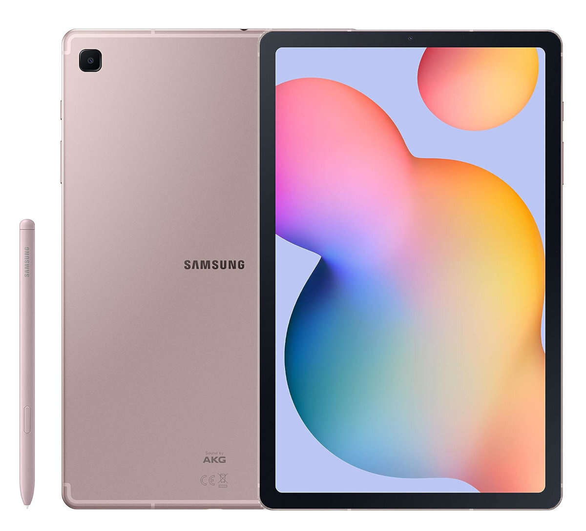 Tablet z różowym tyłem i ekranem pokazującym kolorowe tło. Pokazany jest również rysik.