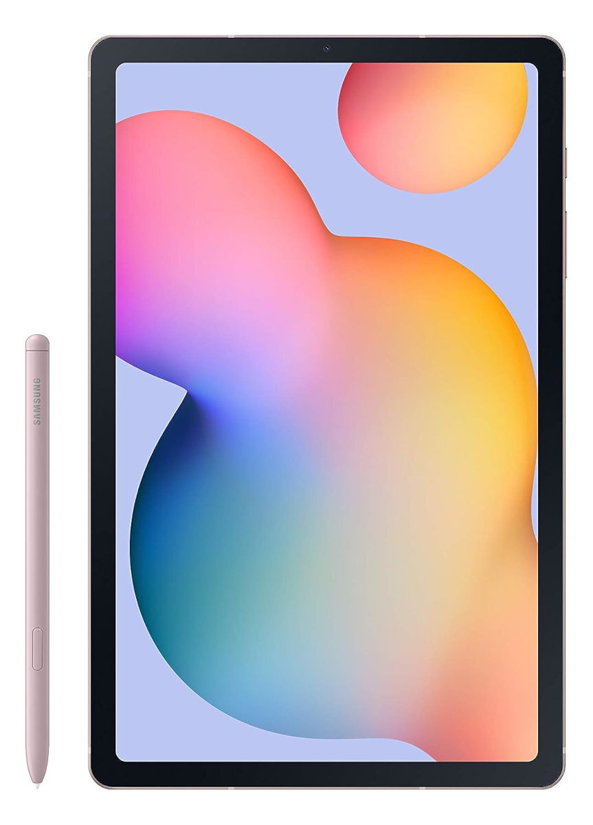 Tablet z różowym rysikiem, pokazujący kolorowy abstrakcyjny wzór na ekranie.