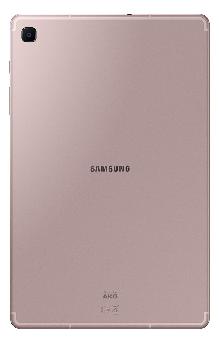 Widok z tyłu różowo-złotego tabletu z logo Samsung i aparatem w lewym górnym rogu.