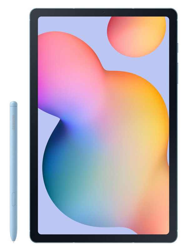 Tablet i rysik na białym tle. Ekran tabletu ma kolorowy, abstrakcyjny design.