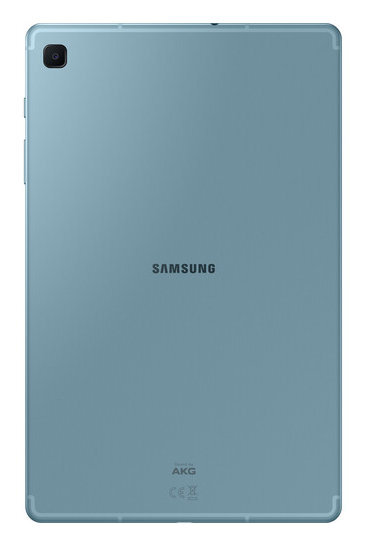 Jasnoniebieski tablet Samsung z tyłem skierowanym do kamery. Widoczne logo Samsung i AKG.