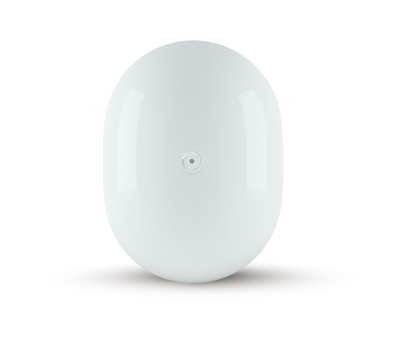 Ein weißes, oval geformtes Gerät mit einer kleinen, kreisförmigen Öffnung in der Mitte, auf weißem Hintergrund.