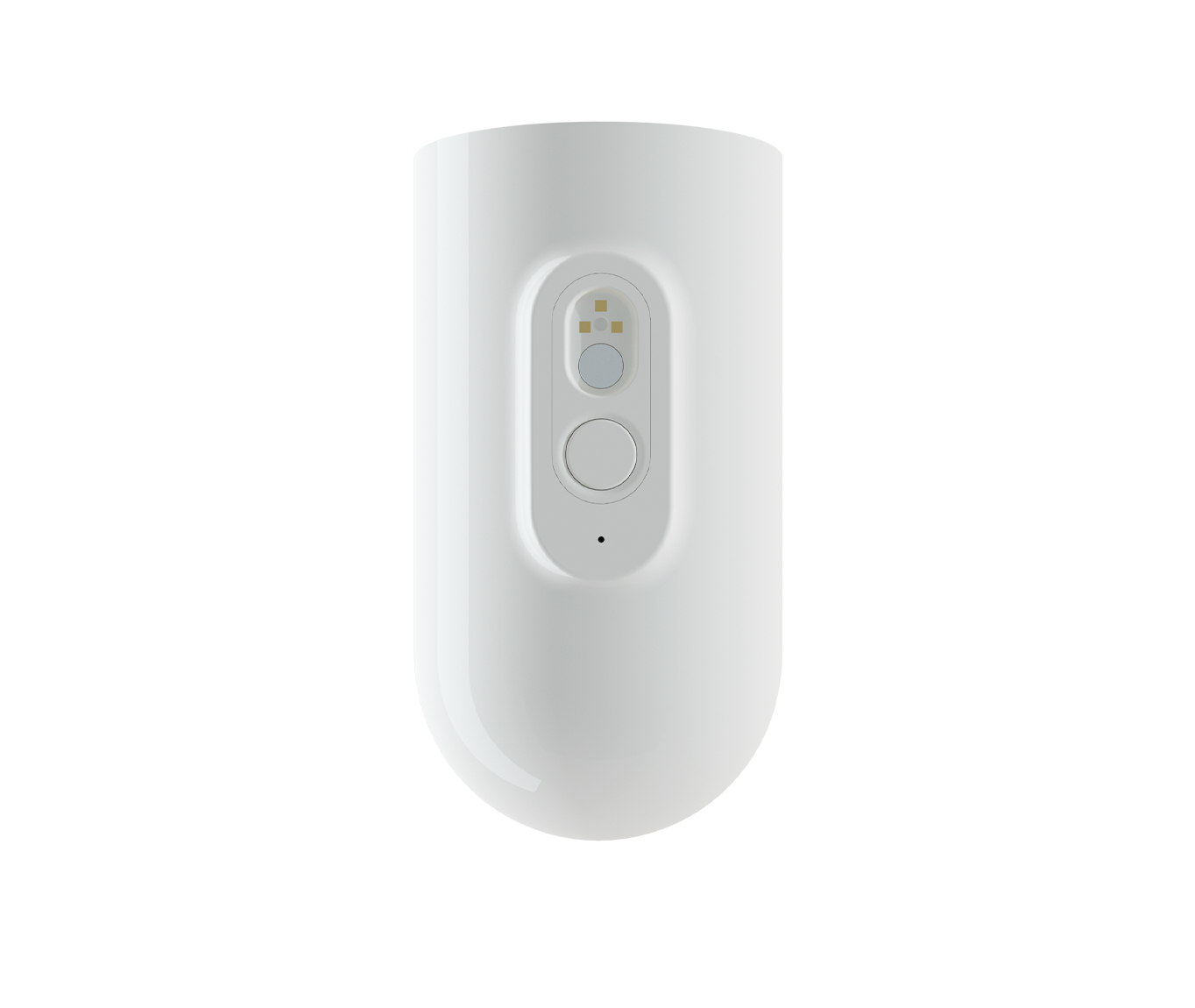 Ein weißes, ovales Gerät mit zwei Knöpfen und drei kleinen Lichtern.
