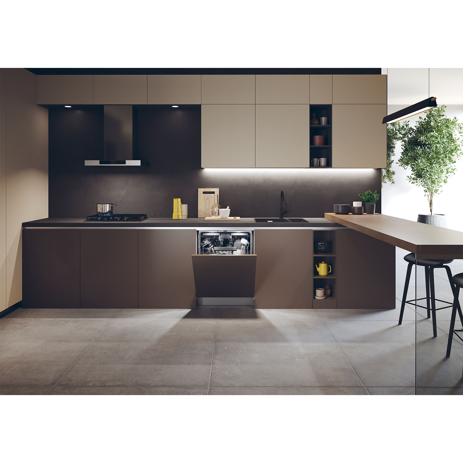 Una cucina moderna con una lavastoviglie aperta. Ci sono armadi, un piano cottura e un tavolo.