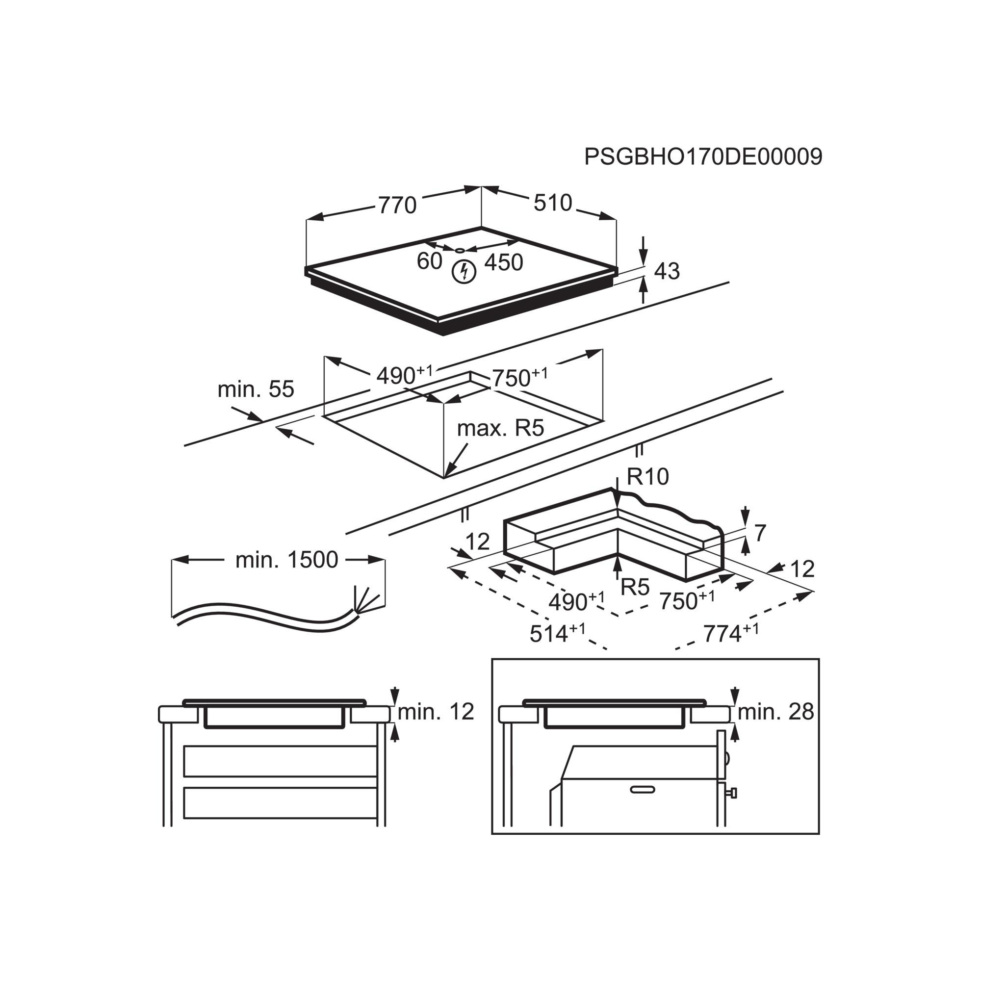 Technische Zeichnung eines Induktionskochfelds mit Maßen und Einbaudetails.