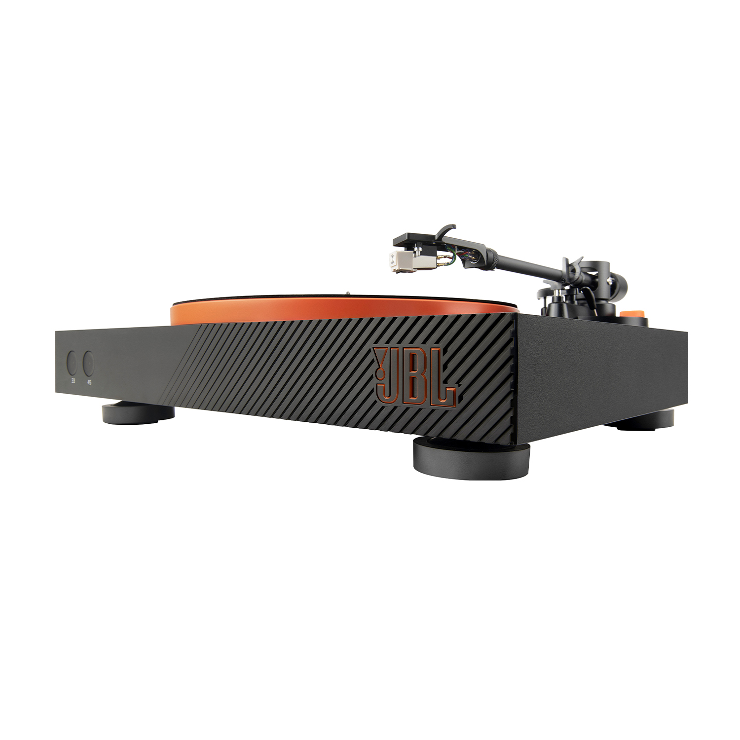 Un giradischi nero con disco arancione, logo JBL e braccio.