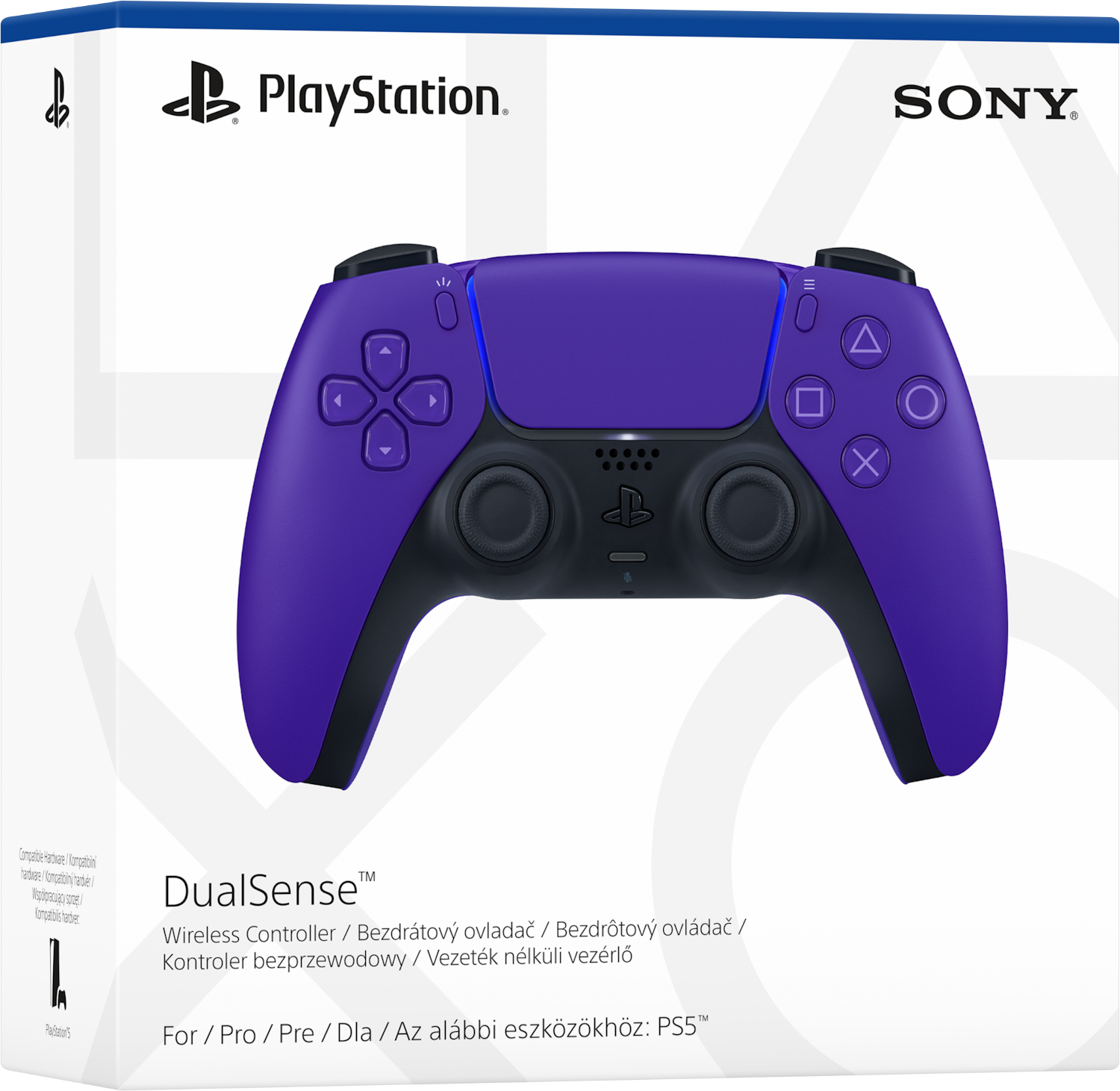 Lila PlayStation 5 DualSense vezérlő fehér dobozban. Gombok a dobozban.