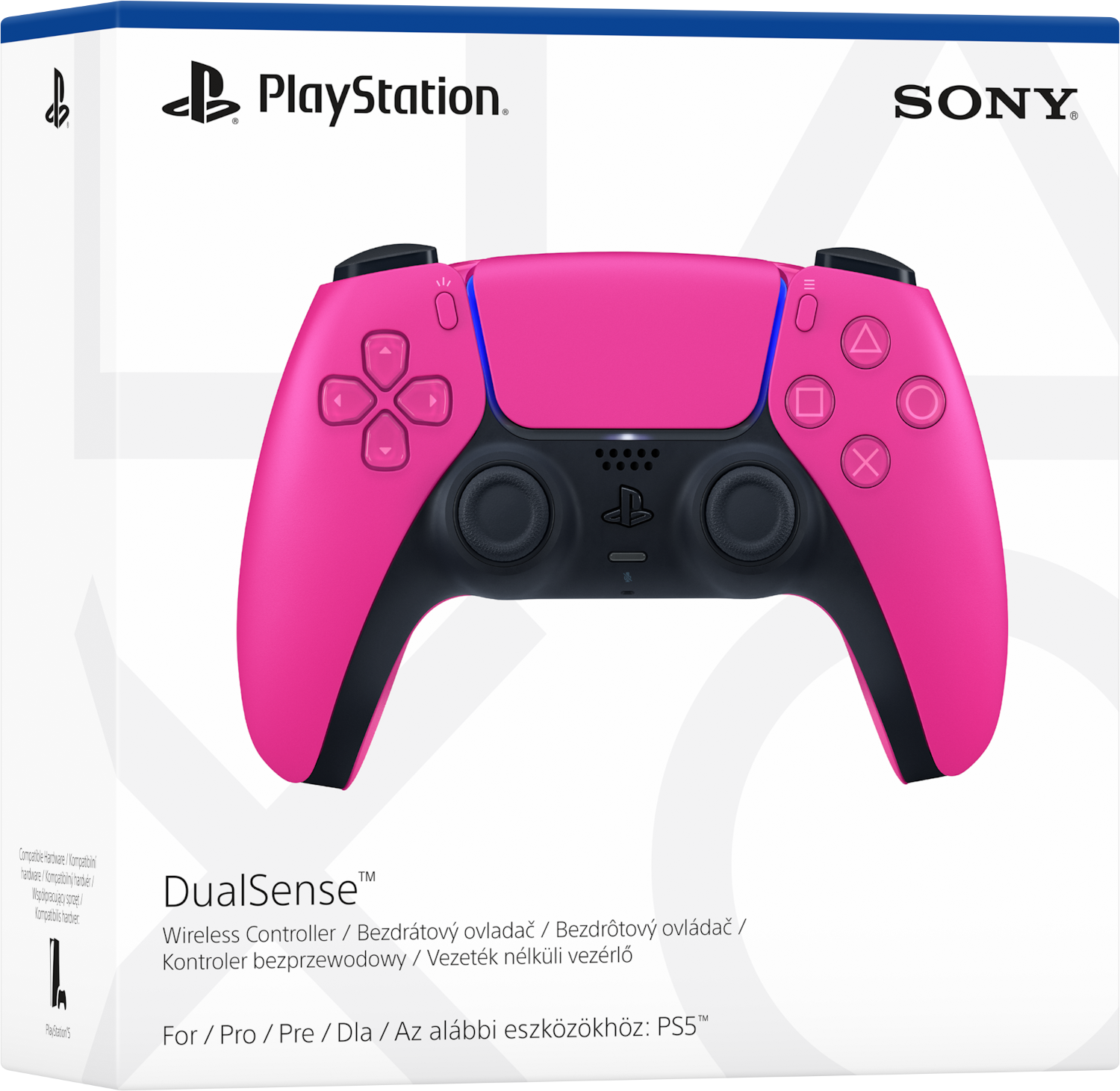 Egy rózsaszín PlayStation DualSense vezérlő a dobozban. A doboz fehér hátterű, PlayStation logóval.
