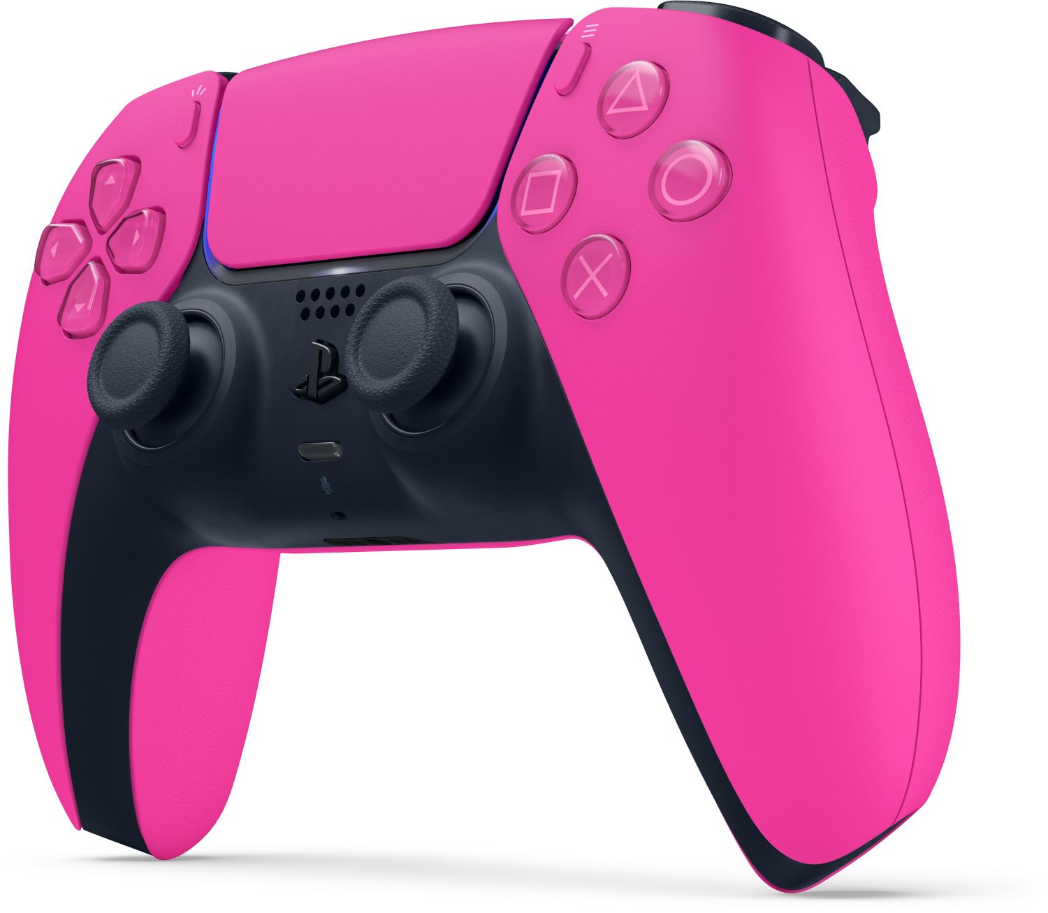 Egy rózsaszín-fekete játékvezérlő gombokkal és joystickkal.