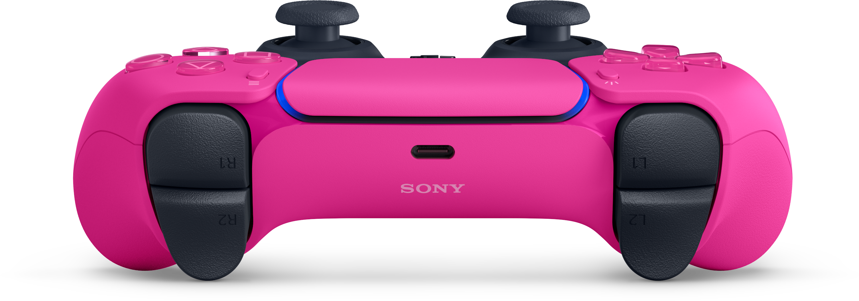 Rózsaszín PS5 vezérlő. Gombok, joystickek és központi érintőpad, Sony logóval.