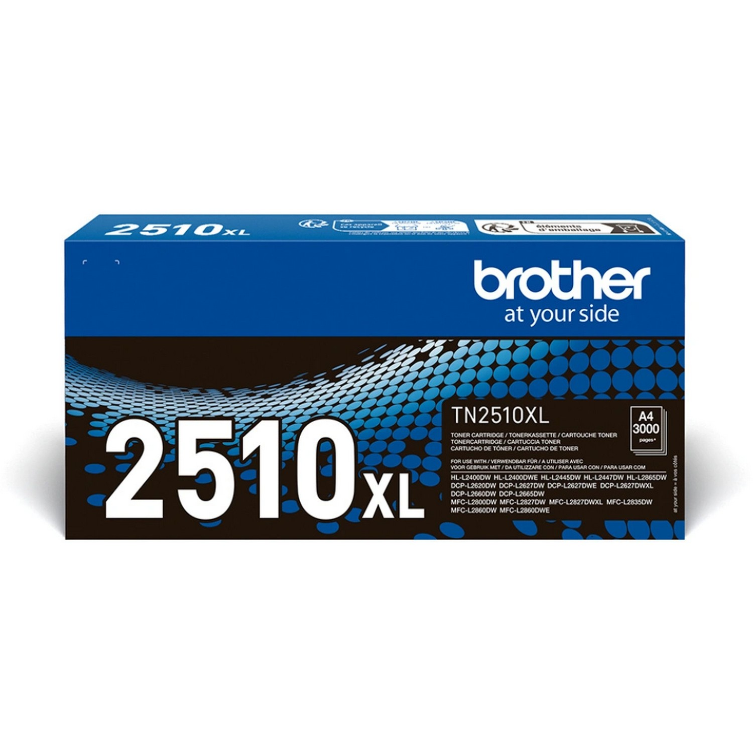 Cartouche de toner pour imprimante Brother dans une boîte bleue avec graphiques blancs et noirs. Texte '2510XL'.