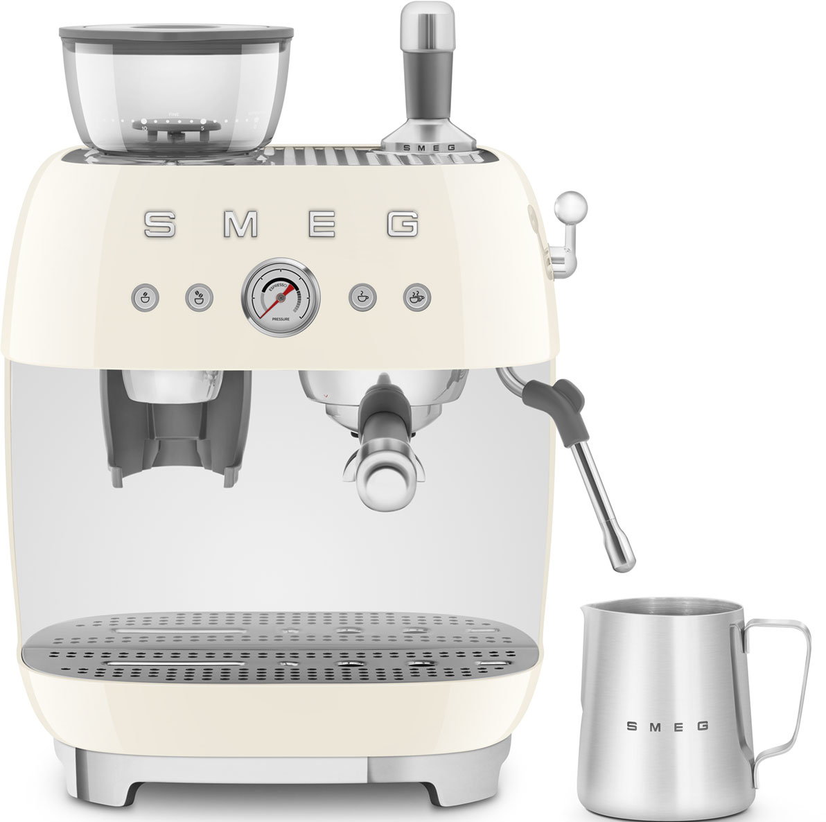 Eine weiß-cremefarbene Smeg Espressomaschine mit einer Kanne.