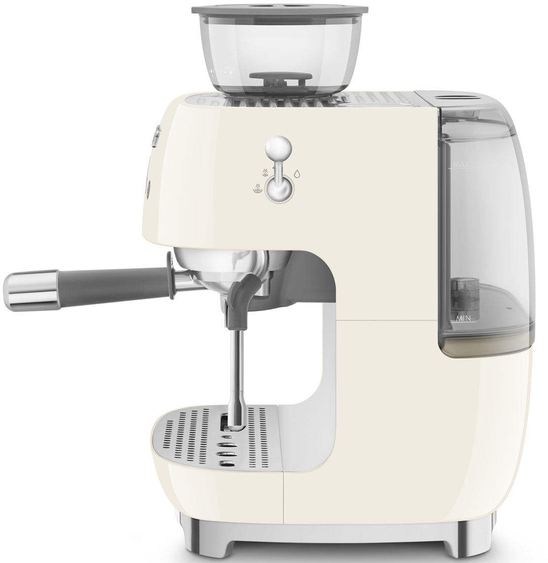 Cremefarbene Smeg Espressomaschine mit transparentem Bohnenbehälter, Siebträger und Wassertank.