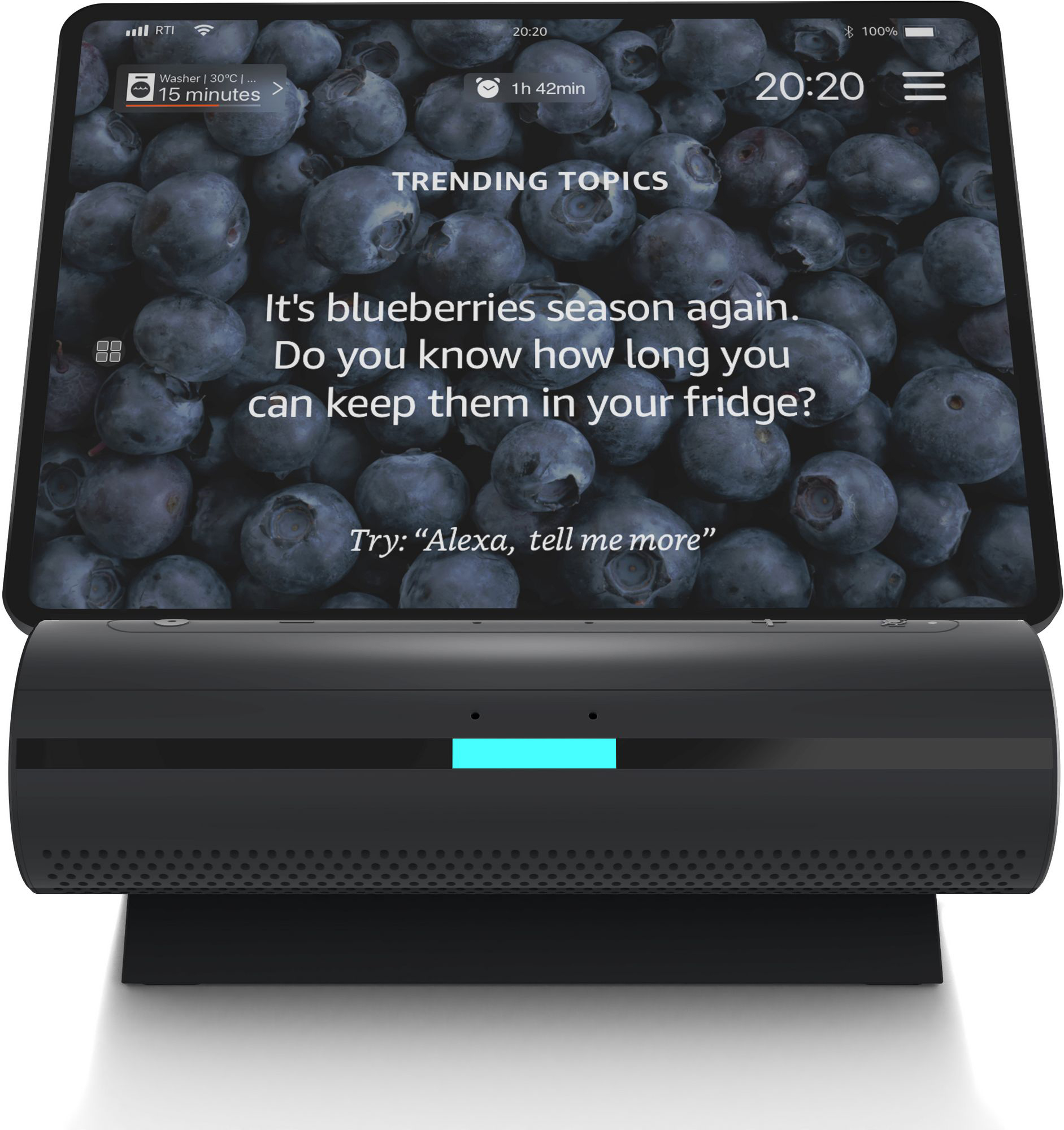 Tablet mit Blaubeeren und Text, wie man sie frisch hält.