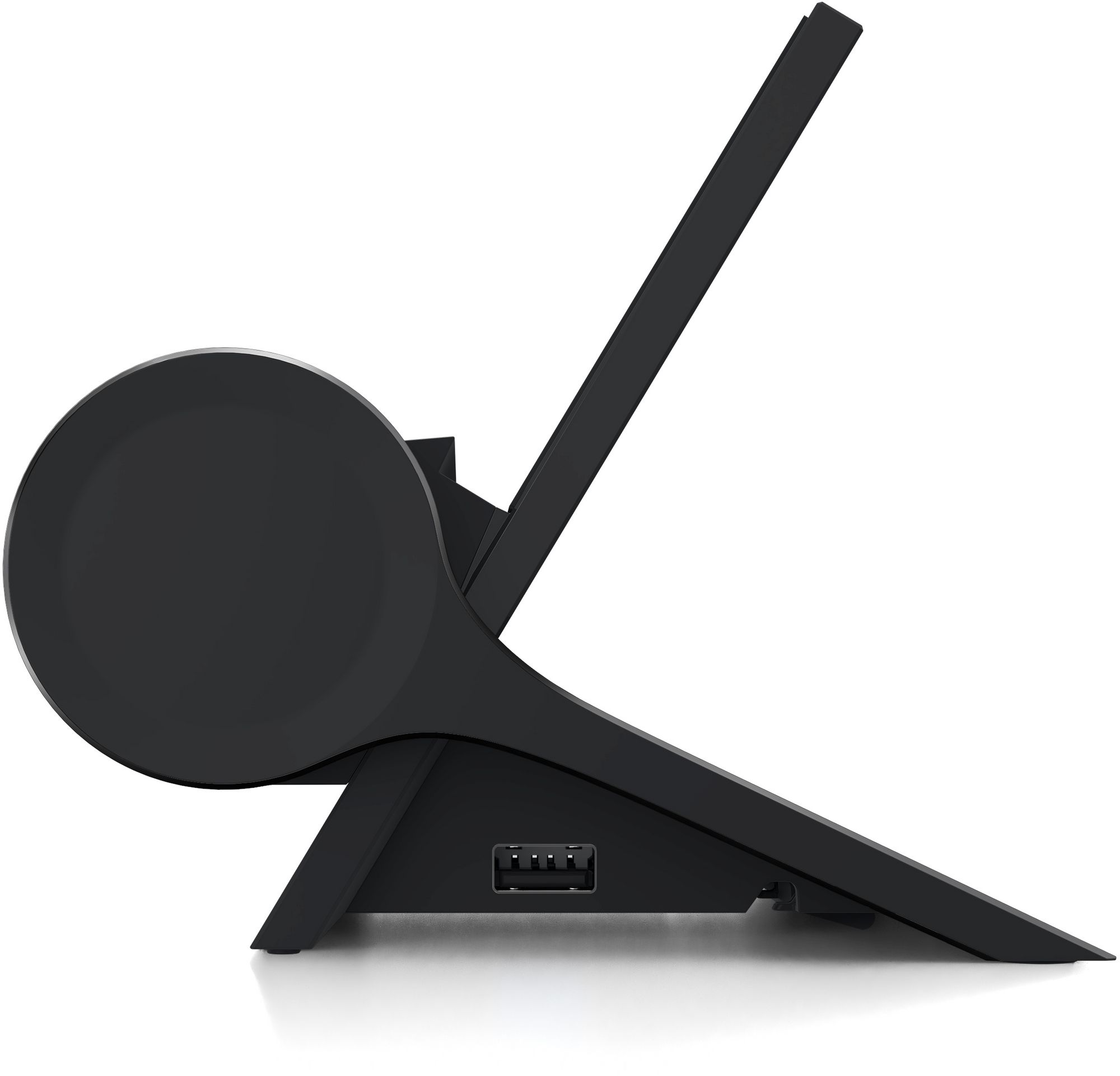 Ein schwarzer Ladeständer für ein Gerät. Es hat ein geschwungenes Design mit einem USB-Anschluss unten.