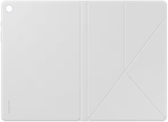 Housse de tablette blanche, pliée. La housse a un design simple et un trou pour la caméra.