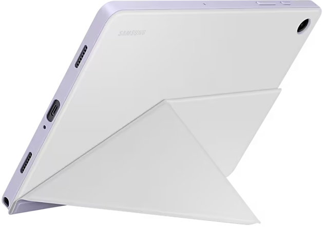 Tablette blanche avec support. L'arrière est visible, avec le logo Samsung.