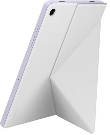 Tablette blanche avec une housse pliée en support, positionnée en angle, sur fond noir.