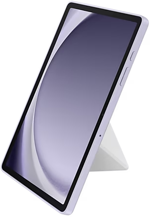 Tablette violette avec support. Vue en angle, montrant l'écran et la coque.