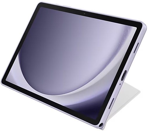 Une tablette violette avec un étui, inclinée sur une surface noire, montrant l'écran.