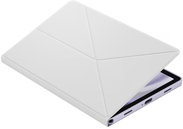 Un étui pliable blanc, probablement pour un lecteur électronique, avec un lecteur électronique partiellement visible à l'intérieur.