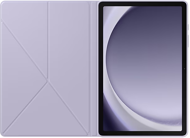 Tablette avec une housse lilas ouverte. La tablette est lavande et possède une bordure.