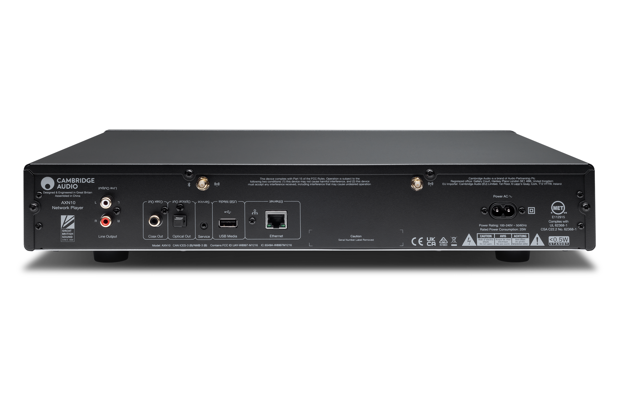 Rückansicht eines schwarzen Cambridge Audio Netzwerk-Players mit mehreren Eingangs-/Ausgangsanschlüssen.