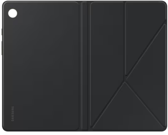 Un étui de tablette noir, ouvert, avec la tablette visible. L'étui est sur fond blanc et porte un logo Samsung.