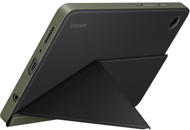 Une tablette gris foncé avec un étui vert, posée sur un support. Fond noir.