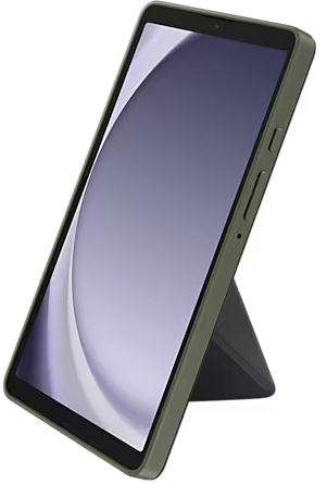 Tablette avec étui, vue en angle, avec un écran violet et blanc.
