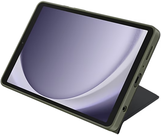 Une tablette dans un étui vert, inclinée, montrant son écran sur un fond noir.