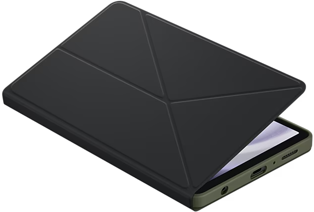 Étui de tablette noir avec une couverture pliée, dos vert olive, montrant le bord de la tablette.