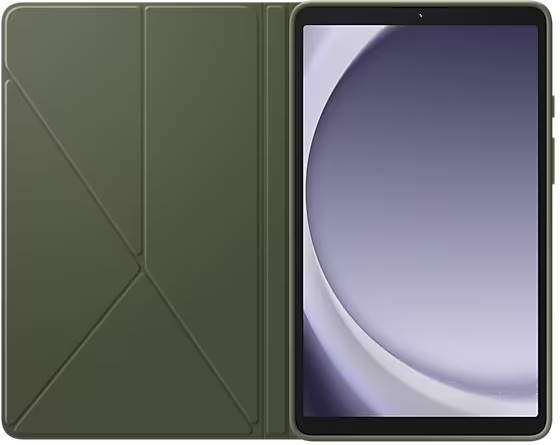 Tablette avec une couverture verte, ouverte. L'écran affiche un motif violet et blanc.