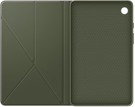 Un étui de tablette ouvert en vert olive. L'intérieur est une texture vert foncé. La tablette n'est pas affichée.