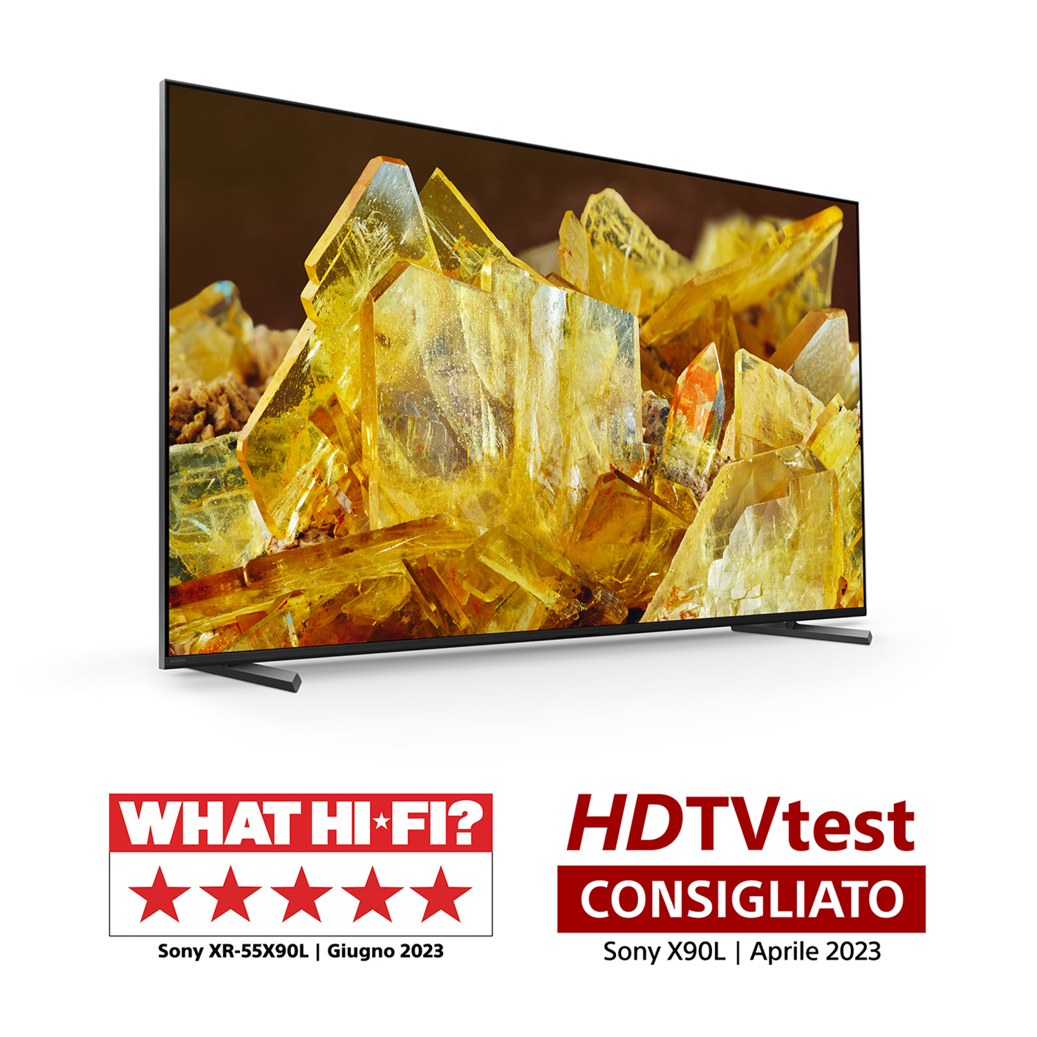 Uno schermo TV Sony mostra cristalli gialli ed è recensito positivamente da What Hi-Fi? e HDTVtest.