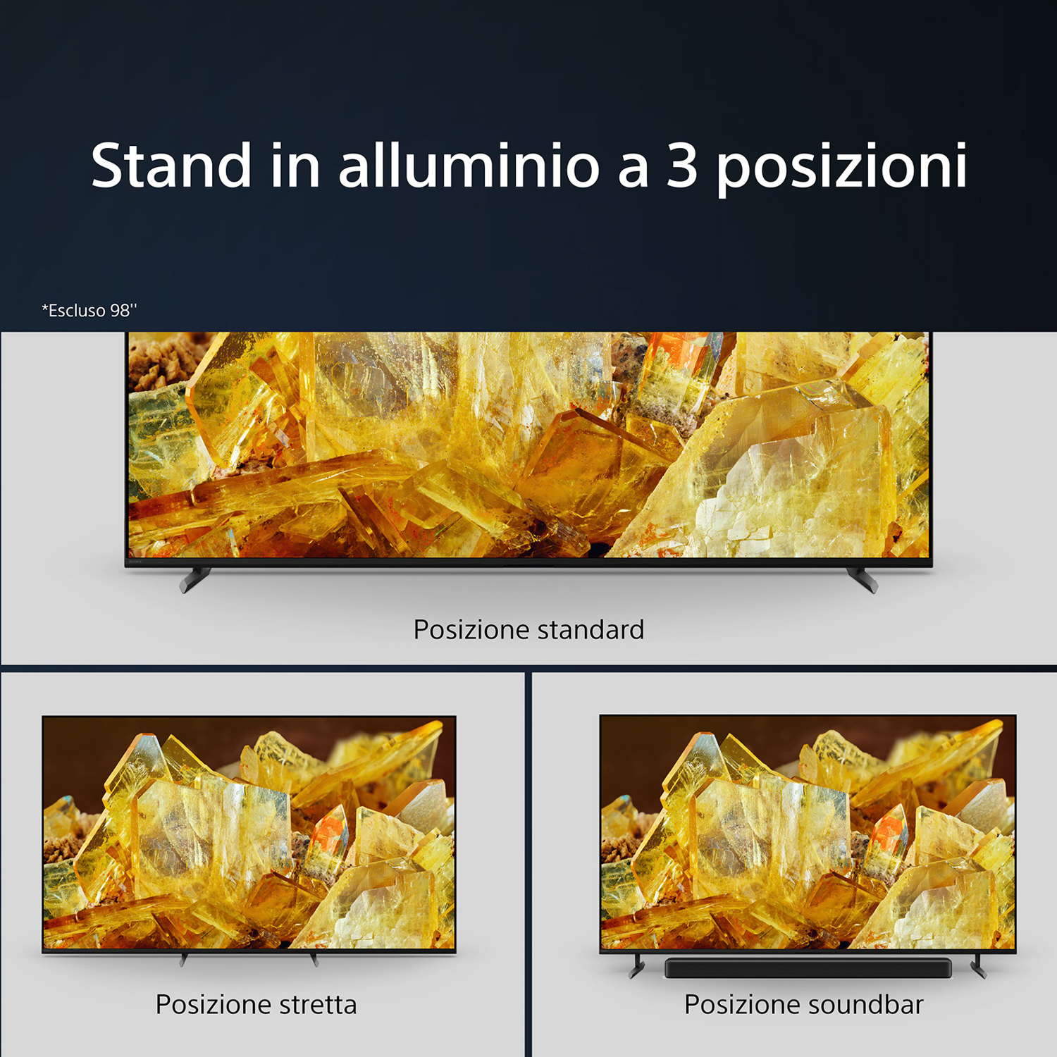 Un televisore nero con tre diverse posizioni del supporto. Lo schermo mostra un motivo astratto.